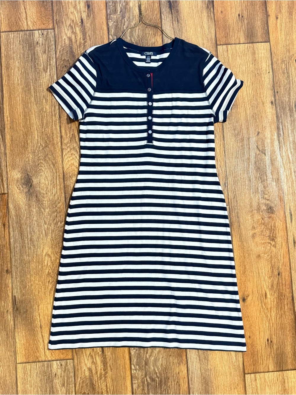 Chaps Women’s Navy and White Striped Short Sleeve Henley Dress- size: Large